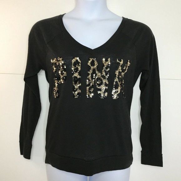 PINK Victoria Secret Leopard Print Sequence Black Long Sleeve Top Size XS - Picture 1 of 5